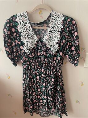 Zara Black Floral Mini Dress with White Crochet Collar